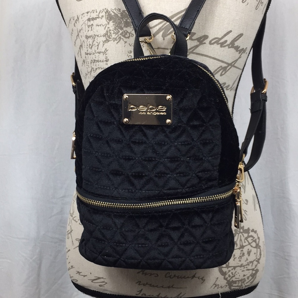 BEBE Black Velvet Diamond Quilted Mini Backpack 🎒 Shoulder Bag Purse Carryall